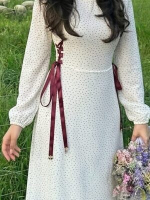Robe Midi "Douceur Champêtre" – Tulle Pois & Lacets Satin Bordeaux